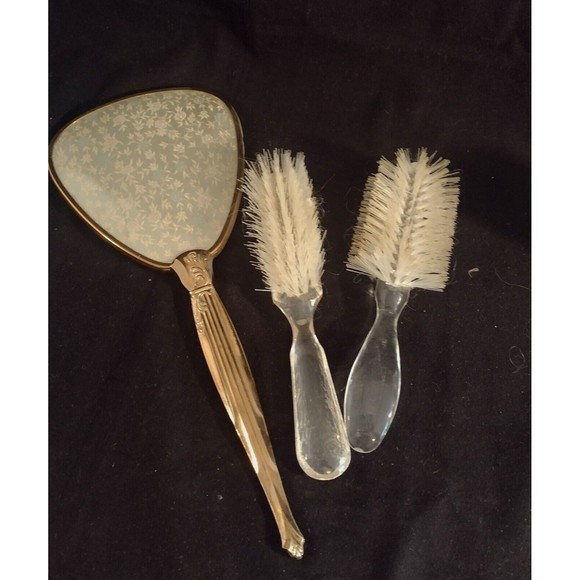 Vintage Gold Tone Metal Hand Held Mirror & Plastic Hair Brush Vanity Set - Picture 1 of 7
